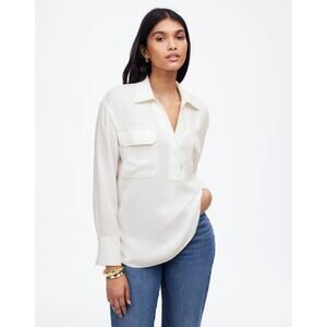 Madewell Contrast-Stitch Popover Shirt WMNS S Winter White Long Sleeve Stretchy